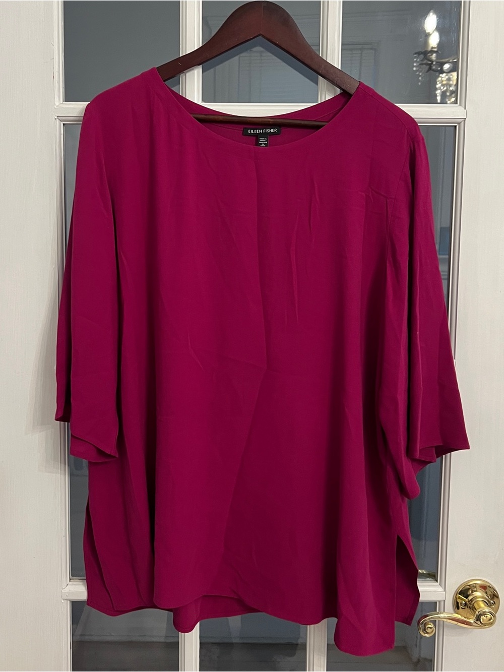 EILEEN FISHER Women’s Magenta Silk Georgette Crepe Bell Sleeve Tunic Blouse L